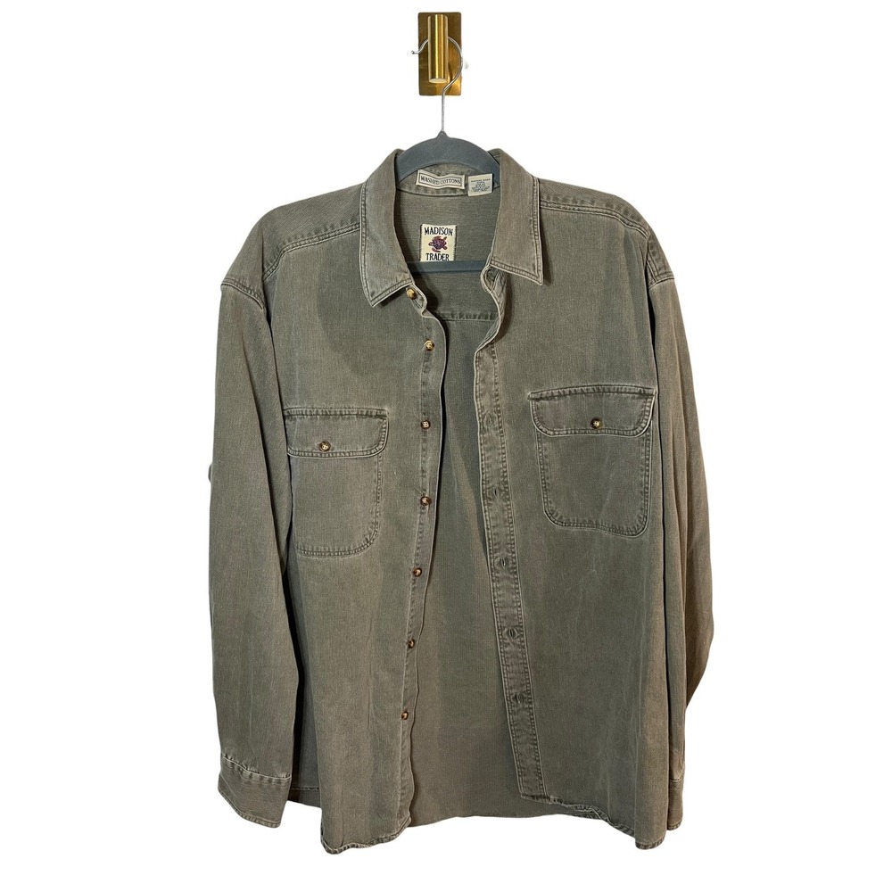 Madison Trader Washed Cotton Button Down Shirt Olive Green Workwear Utility L